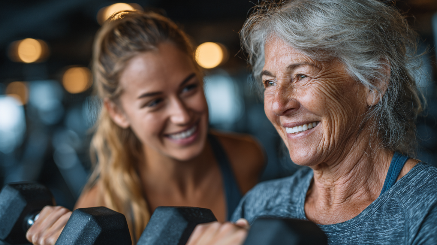 Възрастни хора упражняват фитнес с модерни технологии